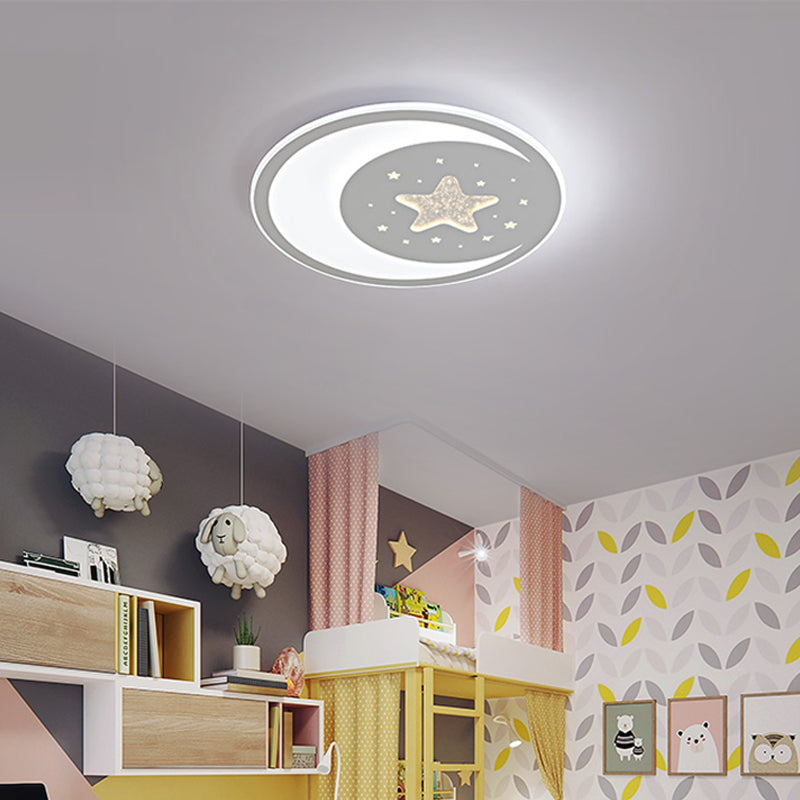 Starry Moon Night Nursery Ceiling Light Acrylic Kids LED Flush Mount Light Fixture in White