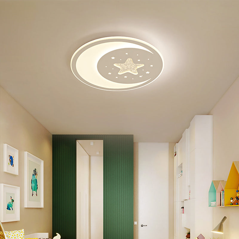 Starry Moon Night Nursery Ceiling Light Acrylic Kids LED Flush Mount Light Fixture in White