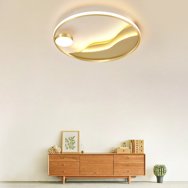 Minimalistic Abstract Art Round Flush Mount Metal Bedroom LED Ceiling Light in Gold