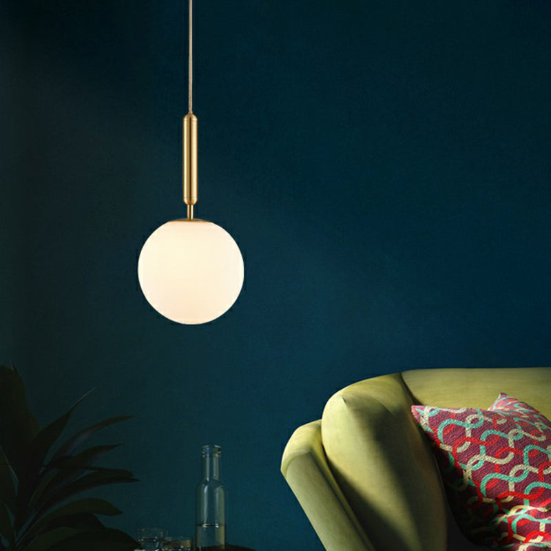 Ball Dining Room Pendulum Light White Glass 1-Head Simple Pendant Lighting in Brass