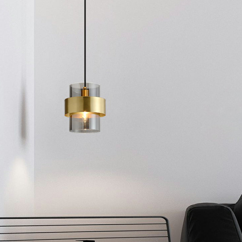 Cylinder Bedroom Down Lighting Smoke Grey Glass Single Postmodern Pendant Light in Brass