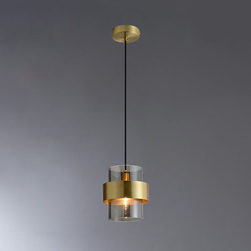Cylinder Bedroom Down Lighting Smoke Grey Glass Single Postmodern Pendant Light in Brass