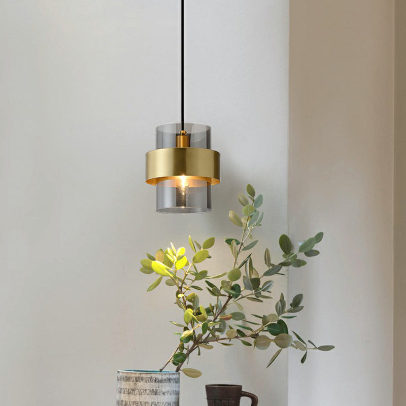 Cylinder Bedroom Down Lighting Smoke Grey Glass Single Postmodern Pendant Light in Brass