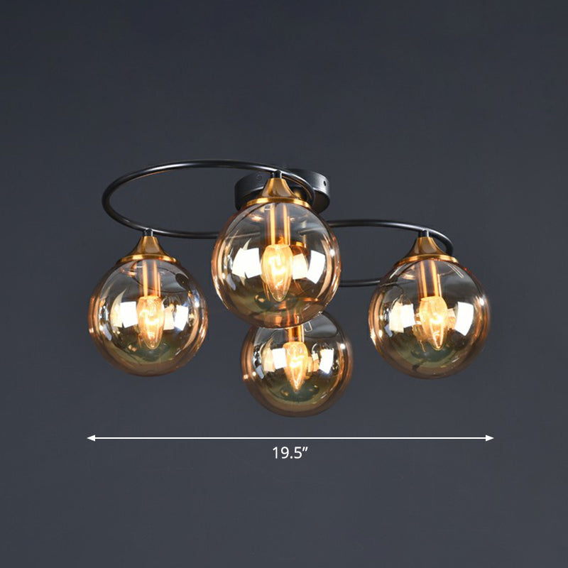 Postmoderne halfverzonken kroonluchter, zwart en koperen bolplafondlamp met glazen kap