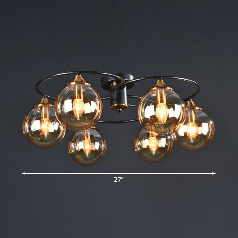 Postmodern Semi Flush Chandelier Black and Brass Ball Ceiling Light with Glass Shade