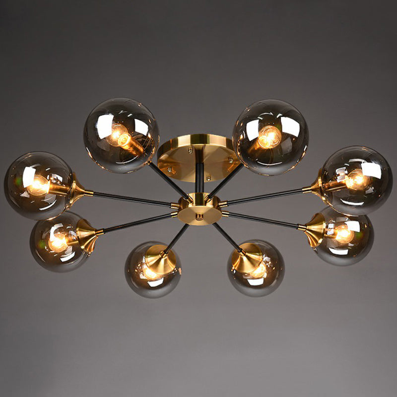 Black and Brass Radial Flush Mount Lighting Postmodern Metal Semi Flush Ceiling Light with Ball Glass Shade