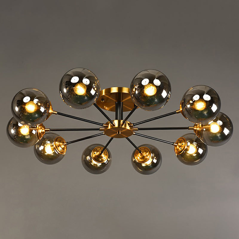 Black and Brass Radial Flush Mount Lighting Postmodern Metal Semi Flush Ceiling Light with Ball Glass Shade