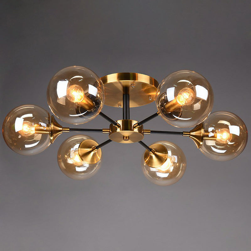 Black and Brass Radial Flush Mount Lighting Postmodern Metal Semi Flush Ceiling Light with Ball Glass Shade