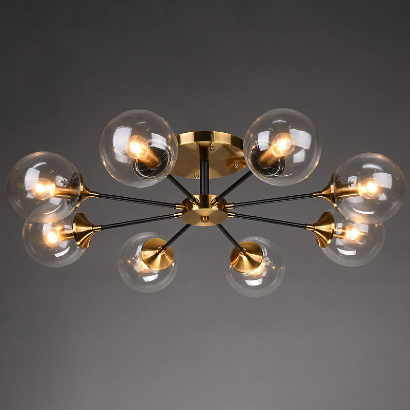 Black and Brass Radial Flush Mount Lighting Postmodern Metal Semi Flush Ceiling Light with Ball Glass Shade