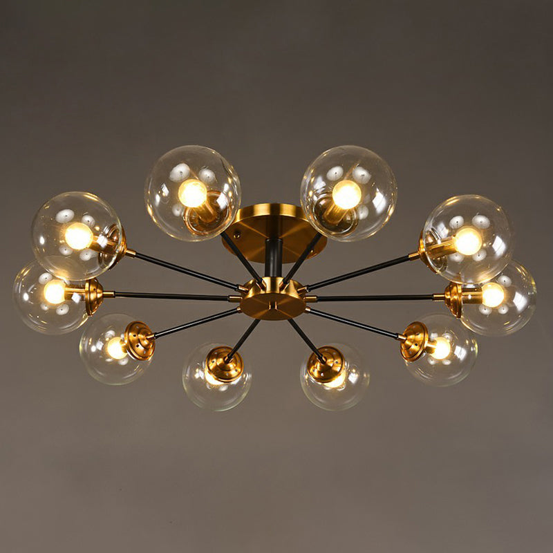 Black and Brass Radial Flush Mount Lighting Postmodern Metal Semi Flush Ceiling Light with Ball Glass Shade