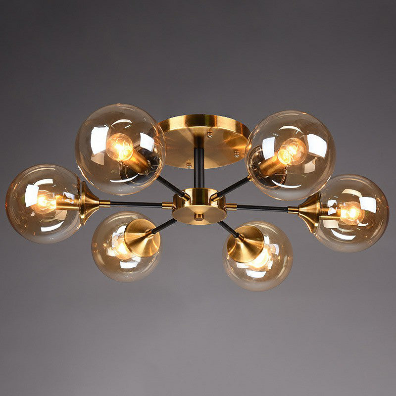 Black and Brass Radial Flush Mount Lighting Postmodern Metal Semi Flush Ceiling Light with Ball Glass Shade