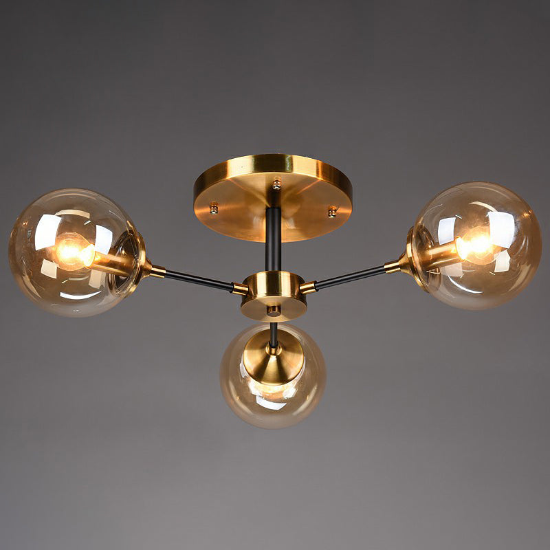 Black and Brass Radial Flush Mount Lighting Postmodern Metal Semi Flush Ceiling Light with Ball Glass Shade