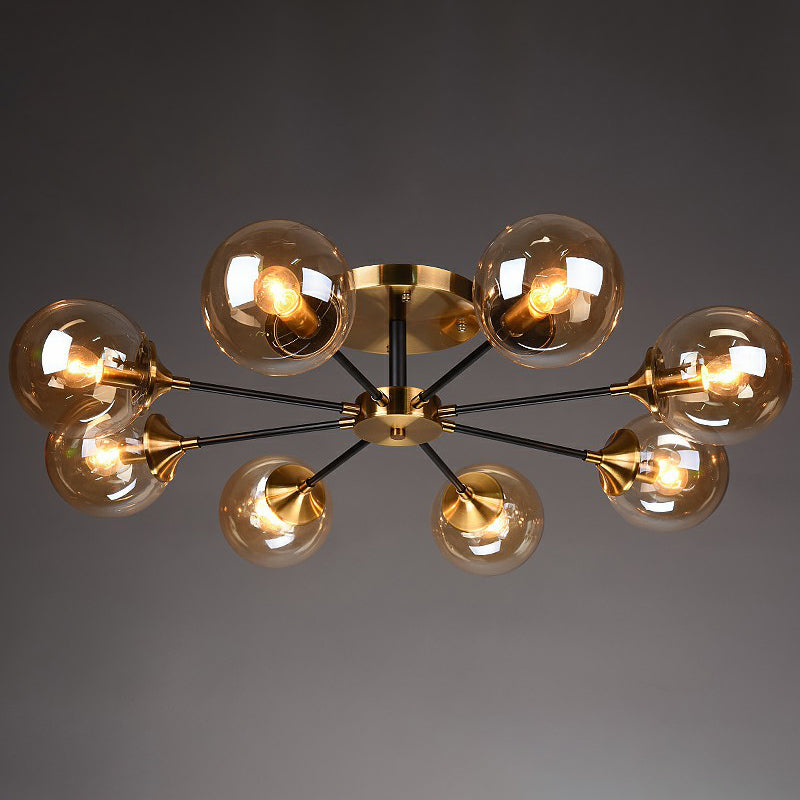 Black and Brass Radial Flush Mount Lighting Postmodern Metal Semi Flush Ceiling Light with Ball Glass Shade