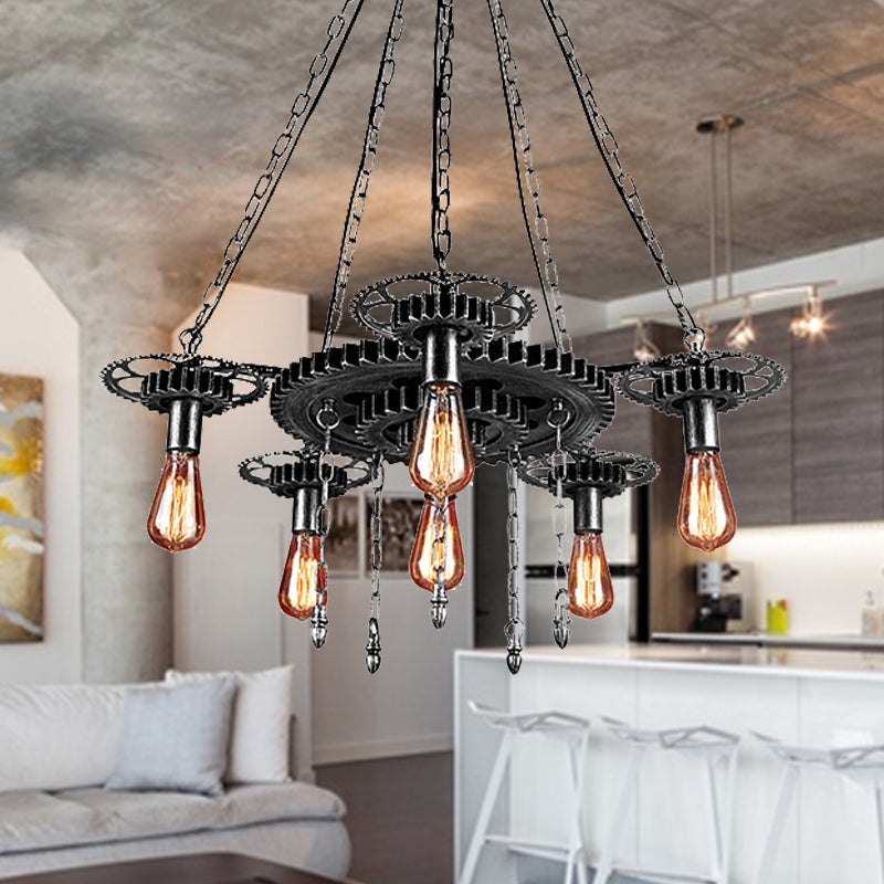 Luz de bulbo expuesto Luz de metal INDUSTRIAL 6 Ligero de comedor Ligero en plata/bronce con equipo