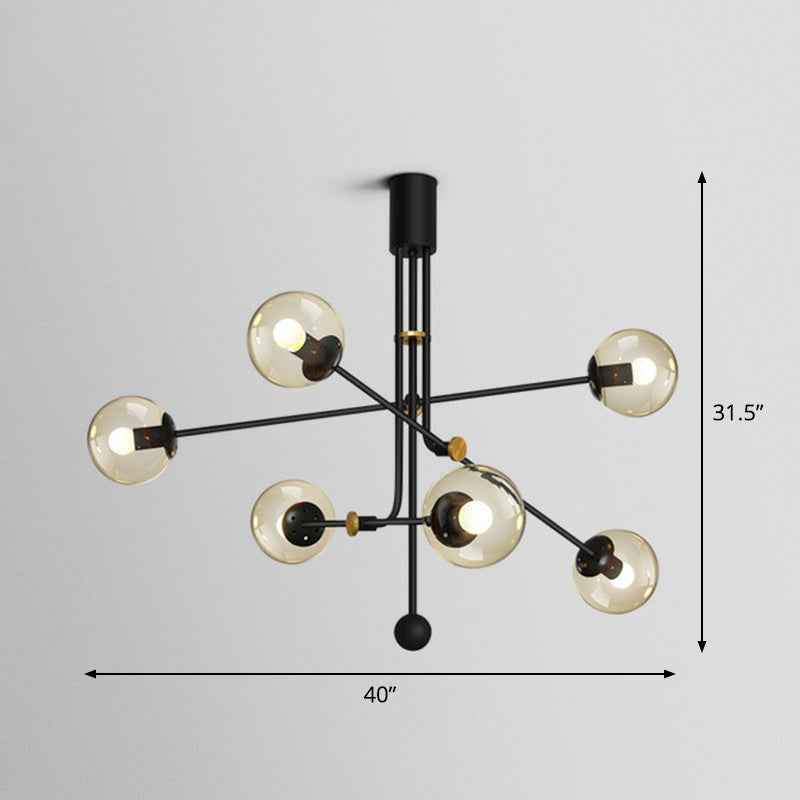 Minimalistic Chandelier Black Vertical Suspension Light with Ball Glass Shade for Restaurant