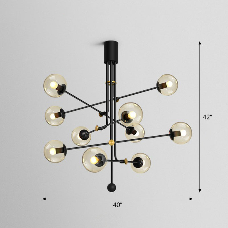 Minimalistic Chandelier Black Vertical Suspension Light with Ball Glass Shade for Restaurant