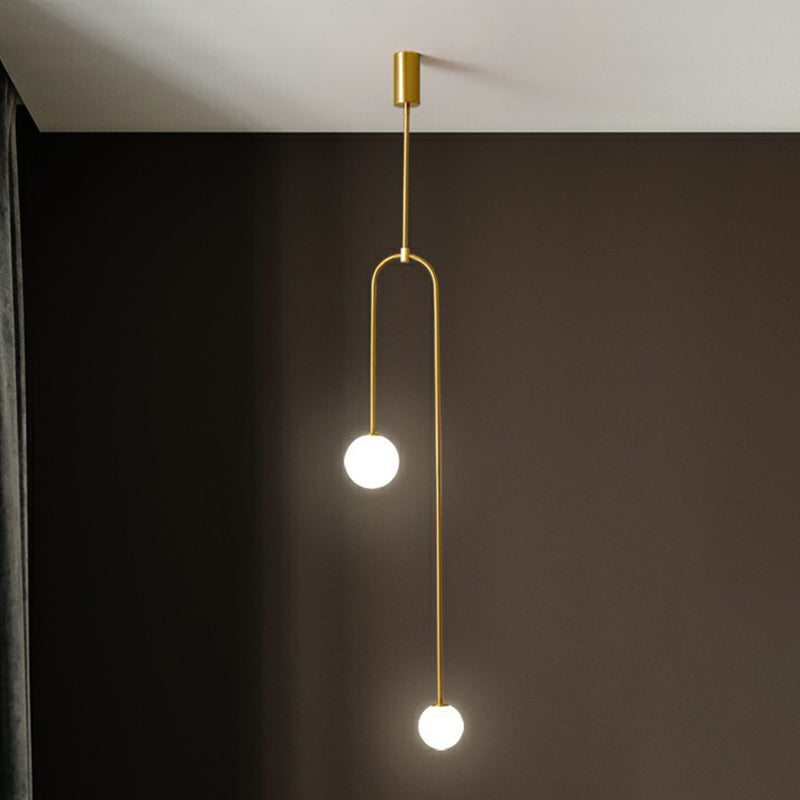 Minimalistic Orbs Pendant Ceiling Light Opal Glass 2-Light Bedside Chandelier in Brass