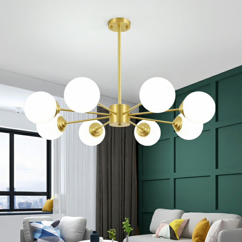 Cream Glass Spherical Chandelier Light Minimalist Brass Ceiling Hang Lamp for Living Room