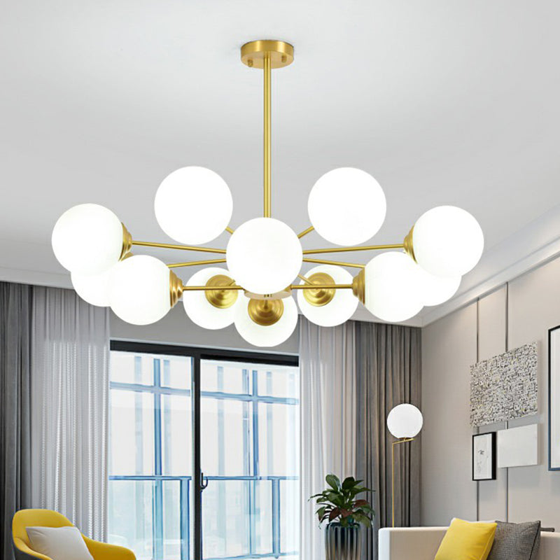 Cream Glass Spherical Chandelier Light Minimalist Brass Ceiling Hang Lamp for Living Room