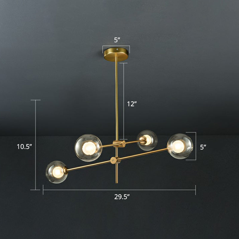 Glass Ball Chandelier Lamp Minimalism Brass Finish Hanging Light with Movable Arm for Living Room