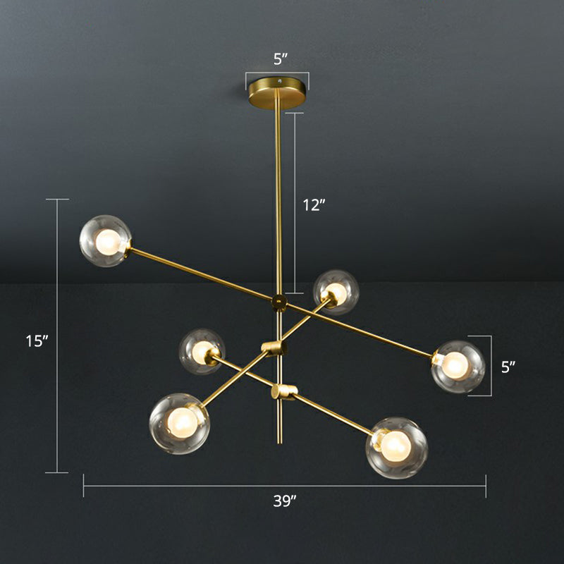 Glass Ball Chandelier Lamp Minimalism Brass Finish Hanging Light with Movable Arm for Living Room