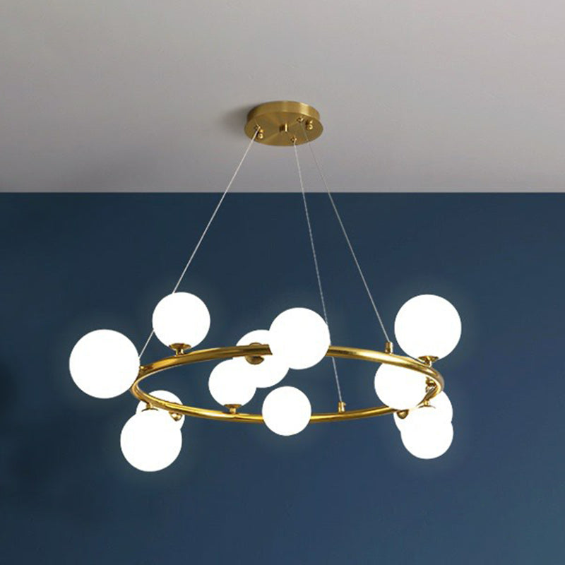 Ring Metal Chandelier Light Modern Stylish Hanging Lamp with Orb Opal Glass Shade