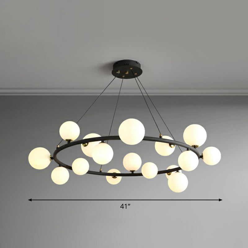 Ring Metal Chandelier Light Modern Stylish Hanging Lamp with Orb Opal Glass Shade