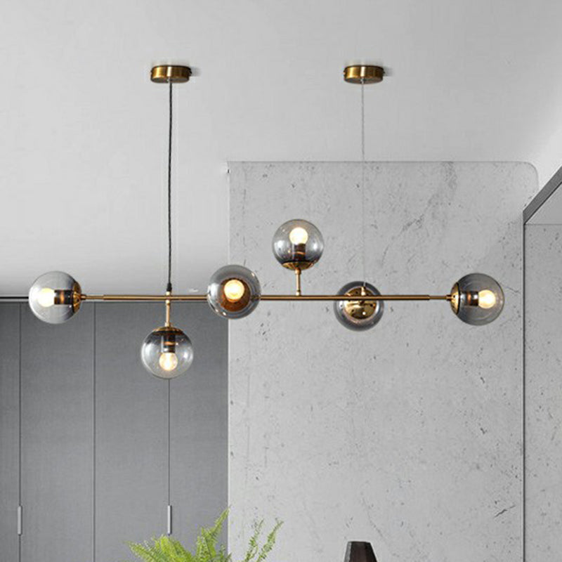 Ball Smoke Grey Glass Island Pendant Light Nordic 6 Bulbs Brass Finish Hanging Light for Restaurant