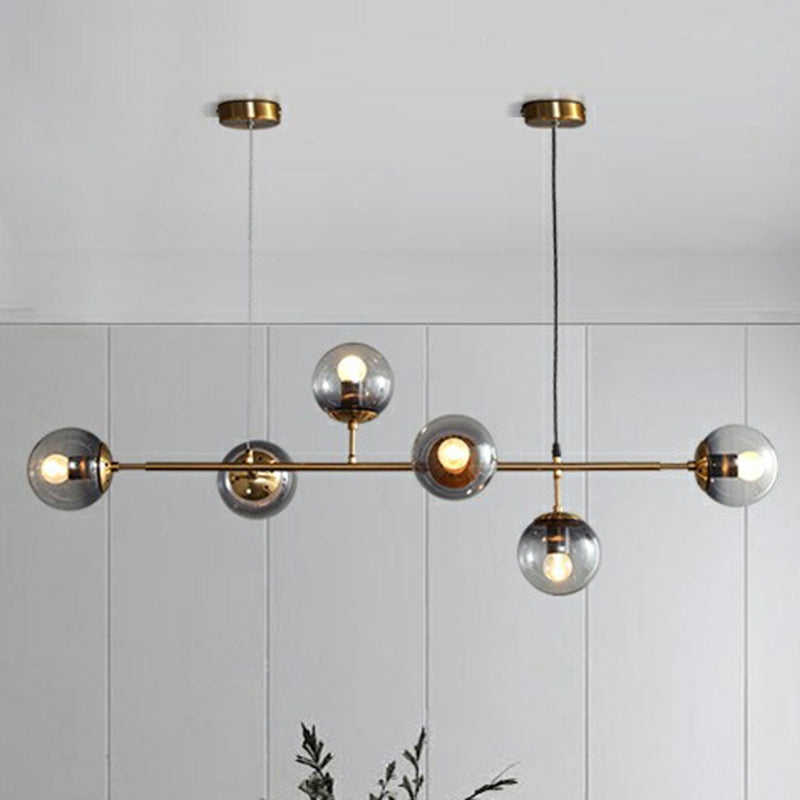 Ball Smoke Grey Glass Island Pendant Light Nordic 6 Bulbs Brass Finish Hanging Light for Restaurant