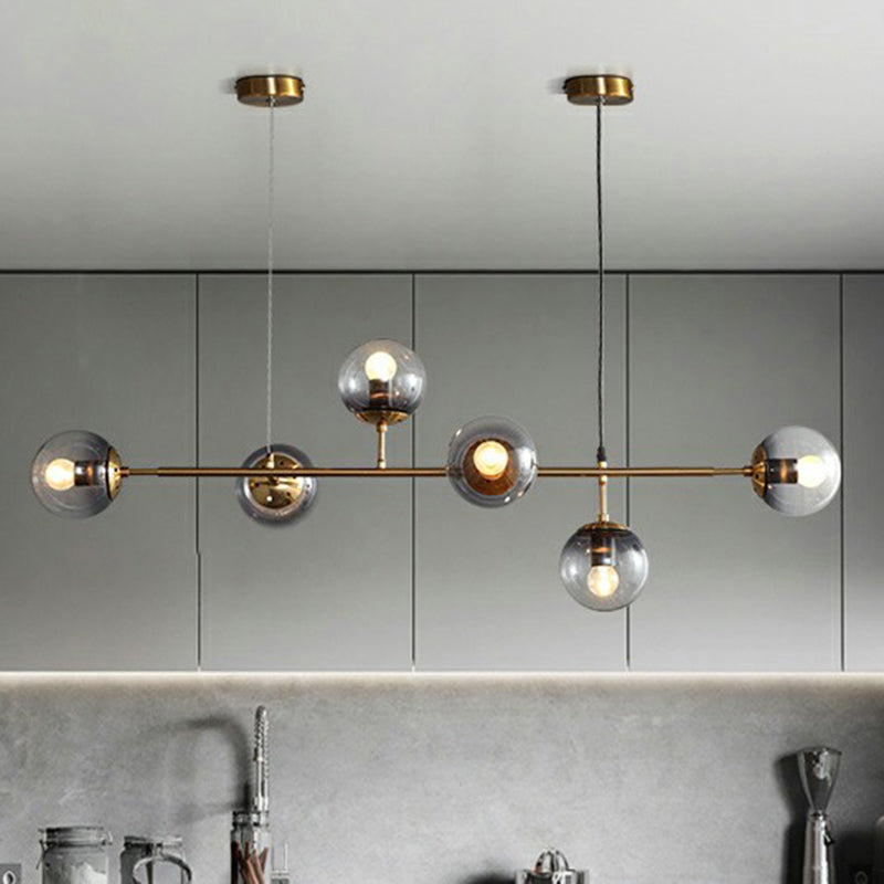 Ball Smoke Grey Glass Island Pendant Light Nordic 6 Bulbs Brass Finish Hanging Light for Restaurant