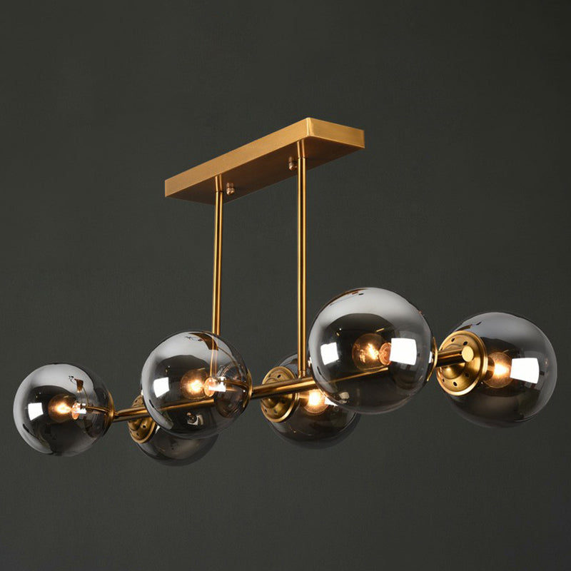 Brass Linear Island Light Fixture Postmodern Metal Ceiling Light with Globe Glass Shade