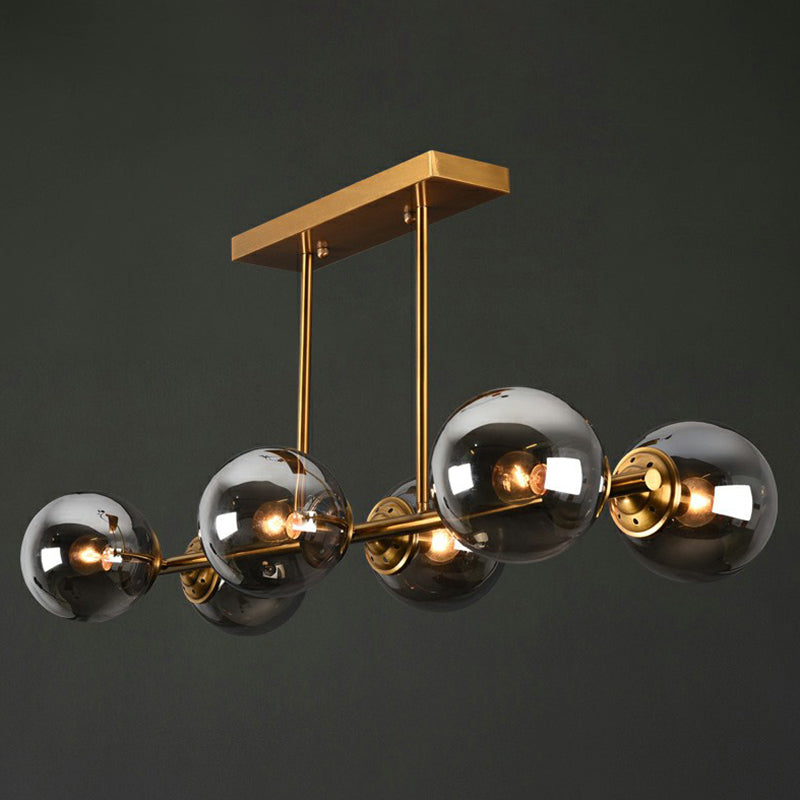 Brass Linear Island Light Fixture Postmodern Metal Ceiling Light with Globe Glass Shade