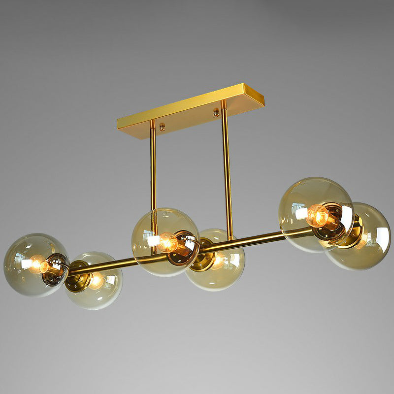 Brass Linear Island Light Fixture Postmodern Metal Ceiling Light with Globe Glass Shade