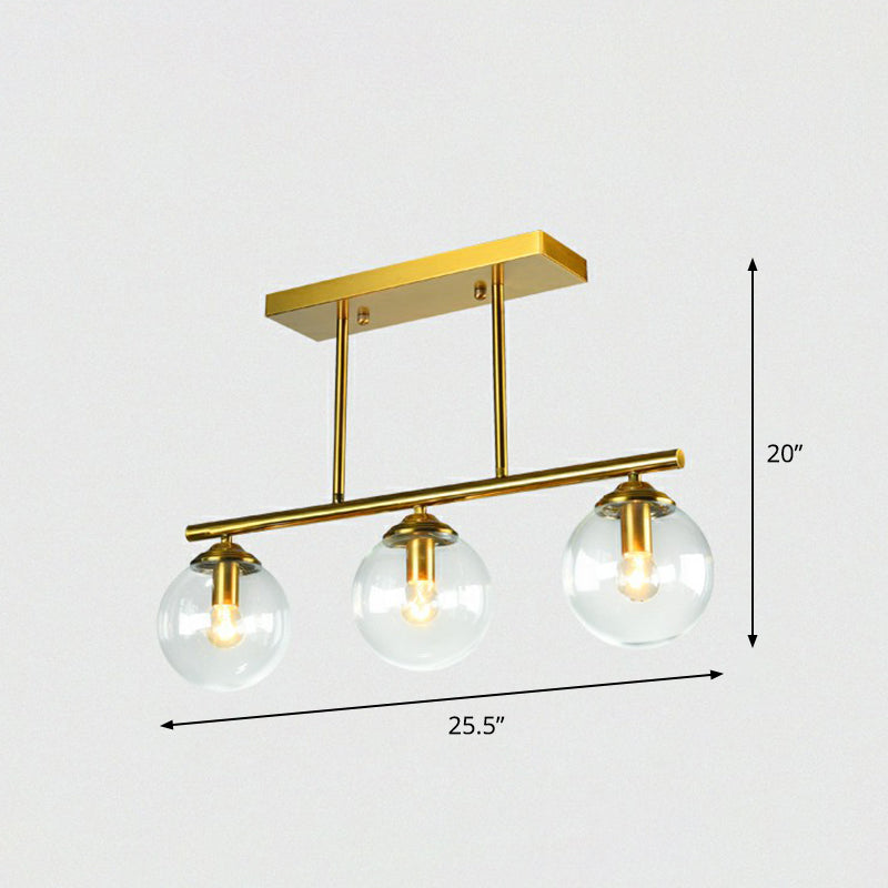 Brass Linear Island Light Fixture Postmodern Metal Ceiling Light with Globe Glass Shade