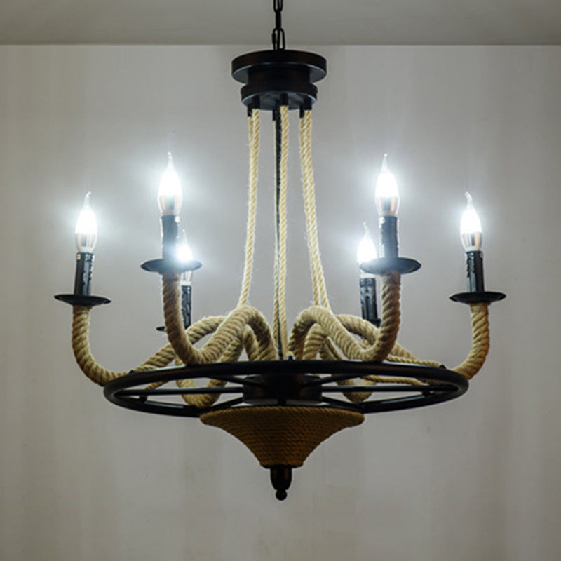 6 Bulb Chandelier Pendant Light Vintage Wagon Wheel Metal Hanging Lamp with Rope Detail in Black