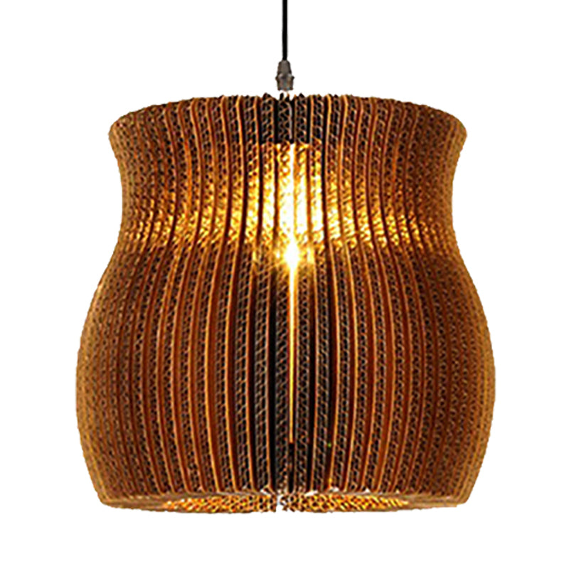 1 lampe à suspension légère avec cylindre / ombre ovale en papier ondulé de papier élégant asiatique élégant luminaire en marron en marron