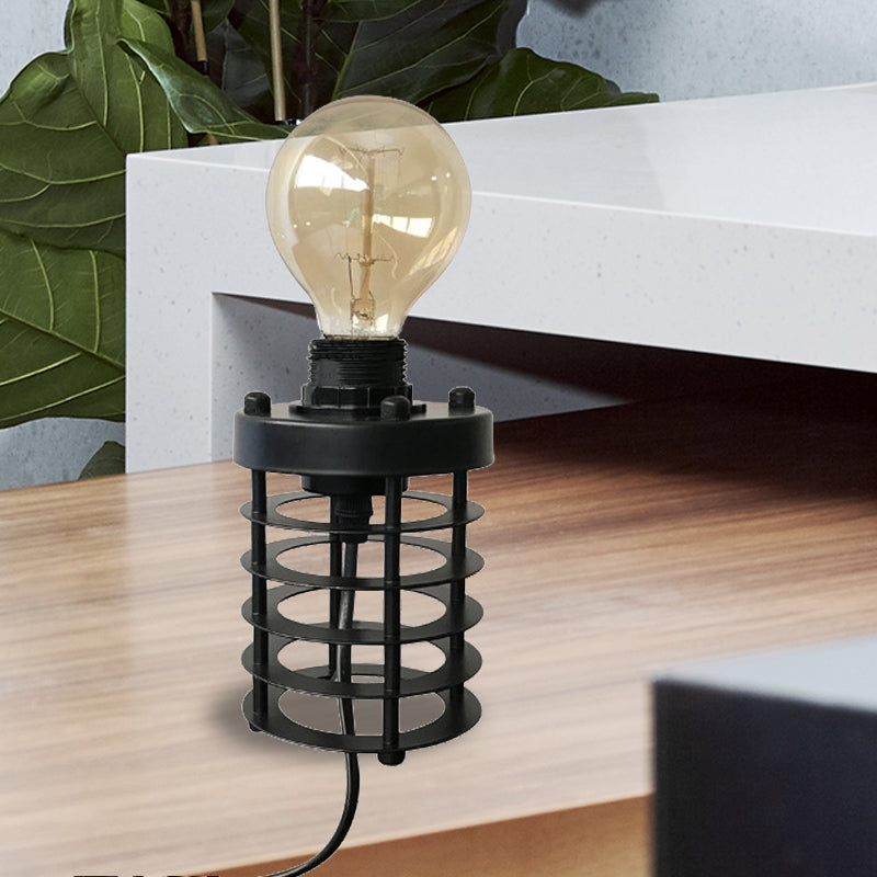 1 tête de tête lampe industrielle cylindre élégant / baril de table en métal lumière avec base de cage en noir pour café