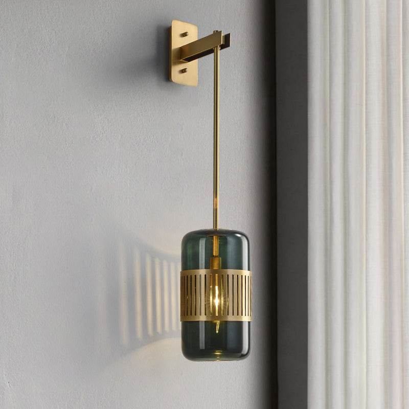 Postmodern Wall Light Fixture Brass Cylindrical Wall Sconce Lighting with Glass Shade
