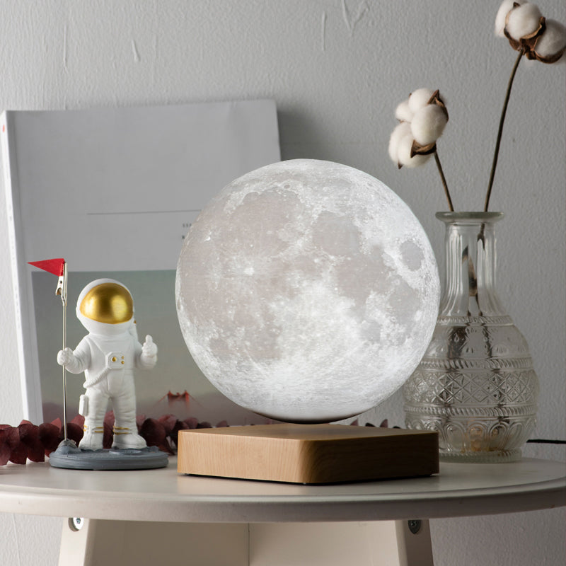 Kids Moon Sphere Maglev Table Lamp Plastic Bedside LED Night Lighting in White-Wood