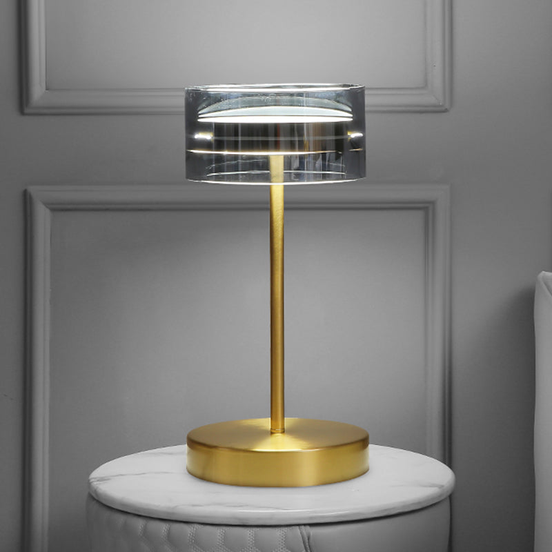 Brass Cylindrical LED Table Lamp Minimalist Smoke Glass Night Stand Light for Bedroom
