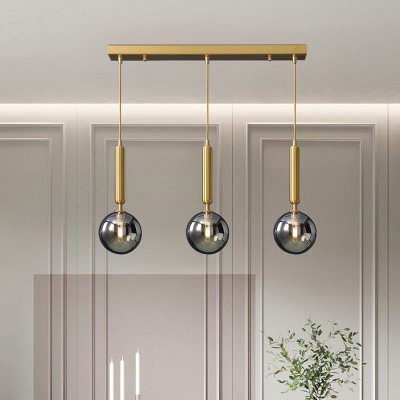 3 Lights Dining Room Multi Ceiling Light Postmodern Brass Pendant with Ball Glass Shade