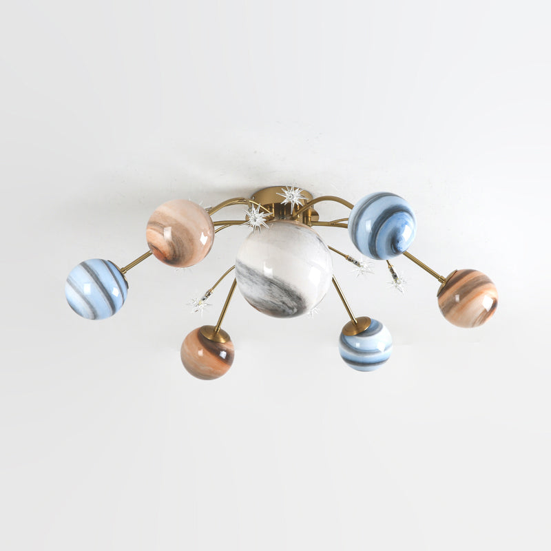 Brass Space Planet Flush Light Postmodern Multicolored Glass Semi-Flush Mount Ceiling Light
