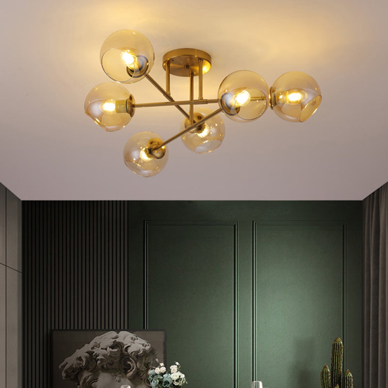 Open Glass Ball Semi Flush Light Postmodern Brass Ceiling Mounted Light for Dining Room