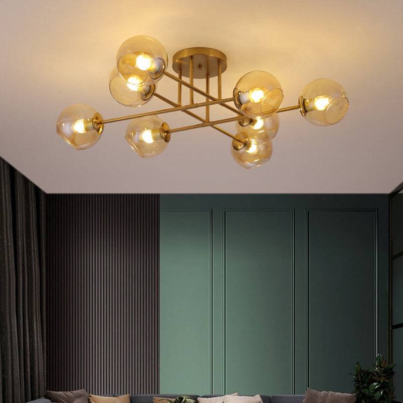 Open Glass Ball Semi Flush Light Postmodern Brass Ceiling Mounted Light for Dining Room