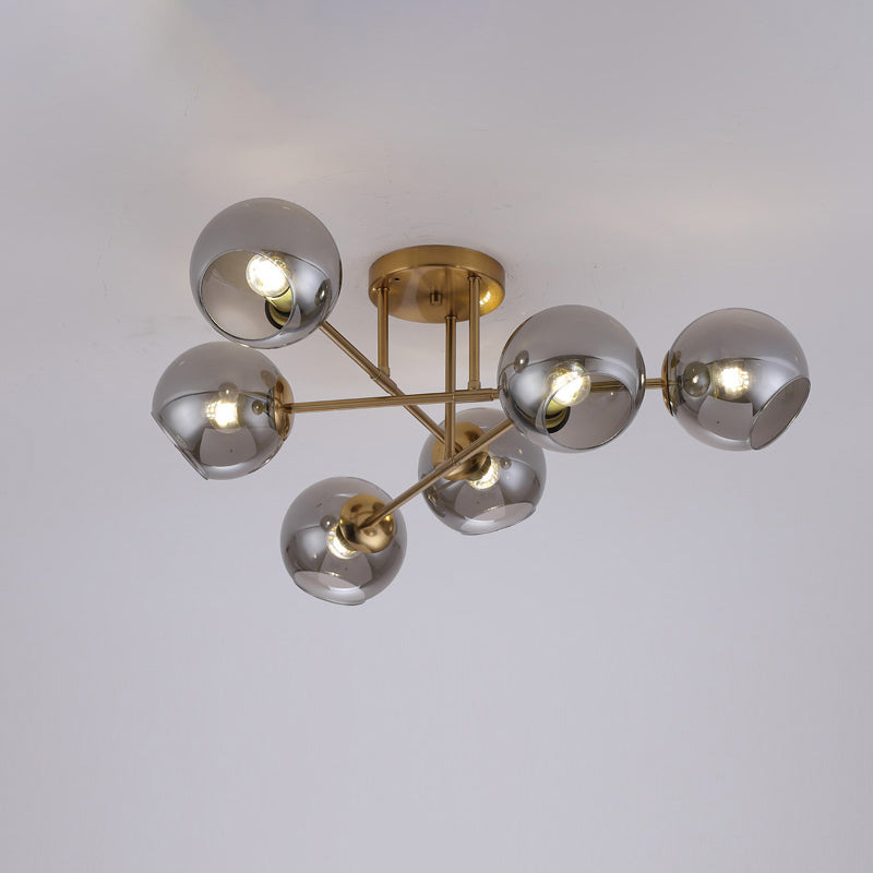 Open Glass Ball Semi Flush Light Postmodern Brass Ceiling Mounted Light for Dining Room