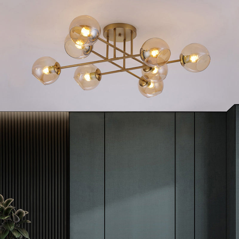 Open Glass Ball Semi Flush Light Postmodern Brass Ceiling Mounted Light for Dining Room