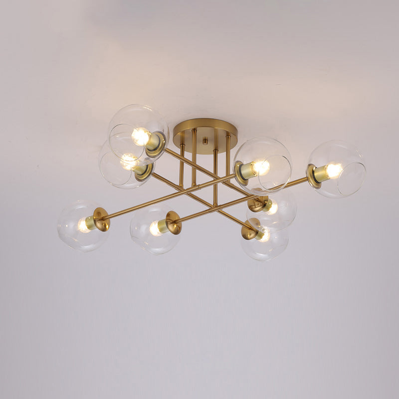 Open Glass Ball Semi Flush Light Postmodern Brass Ceiling Mounted Light for Dining Room
