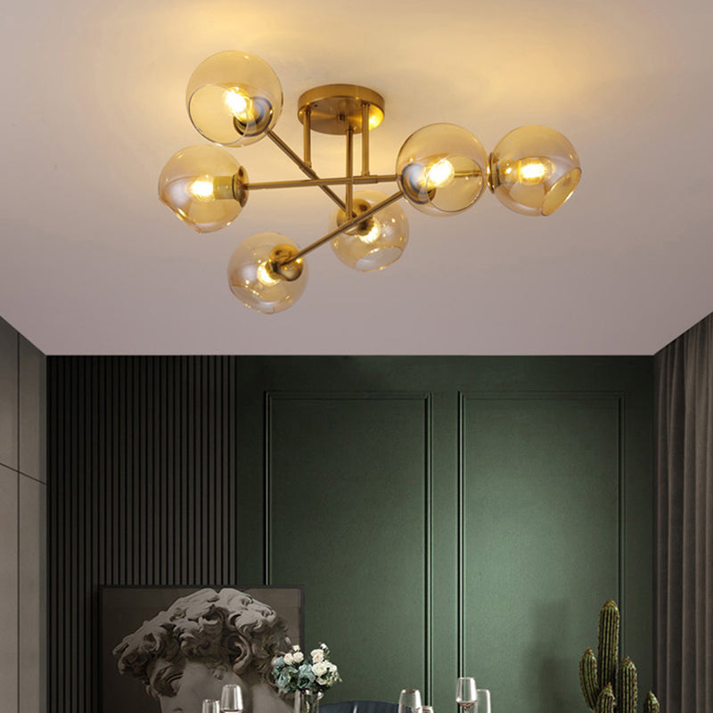 Open Glass Ball Semi Flush Light Postmodern Brass Ceiling Mounted Light for Dining Room