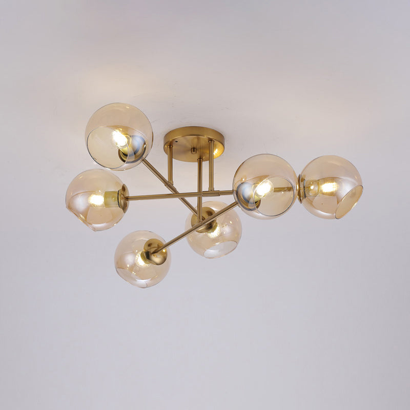 Open Glass Ball Semi Flush Light Postmodern Brass Ceiling Mounted Light for Dining Room