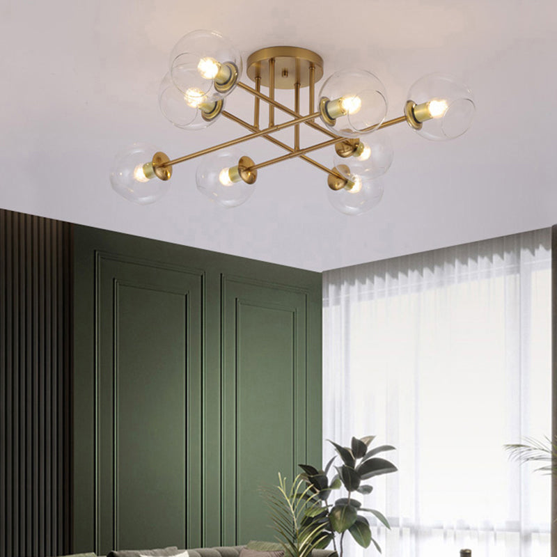 Open Glass Ball Semi Flush Light Postmodern Brass Ceiling Mounted Light for Dining Room